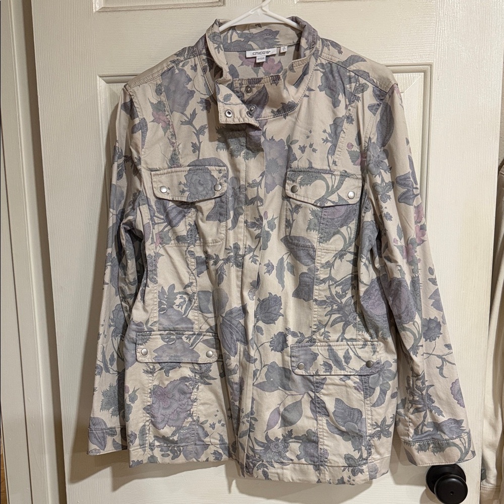 Chico's Beige and Gray Floral Utility Jacket